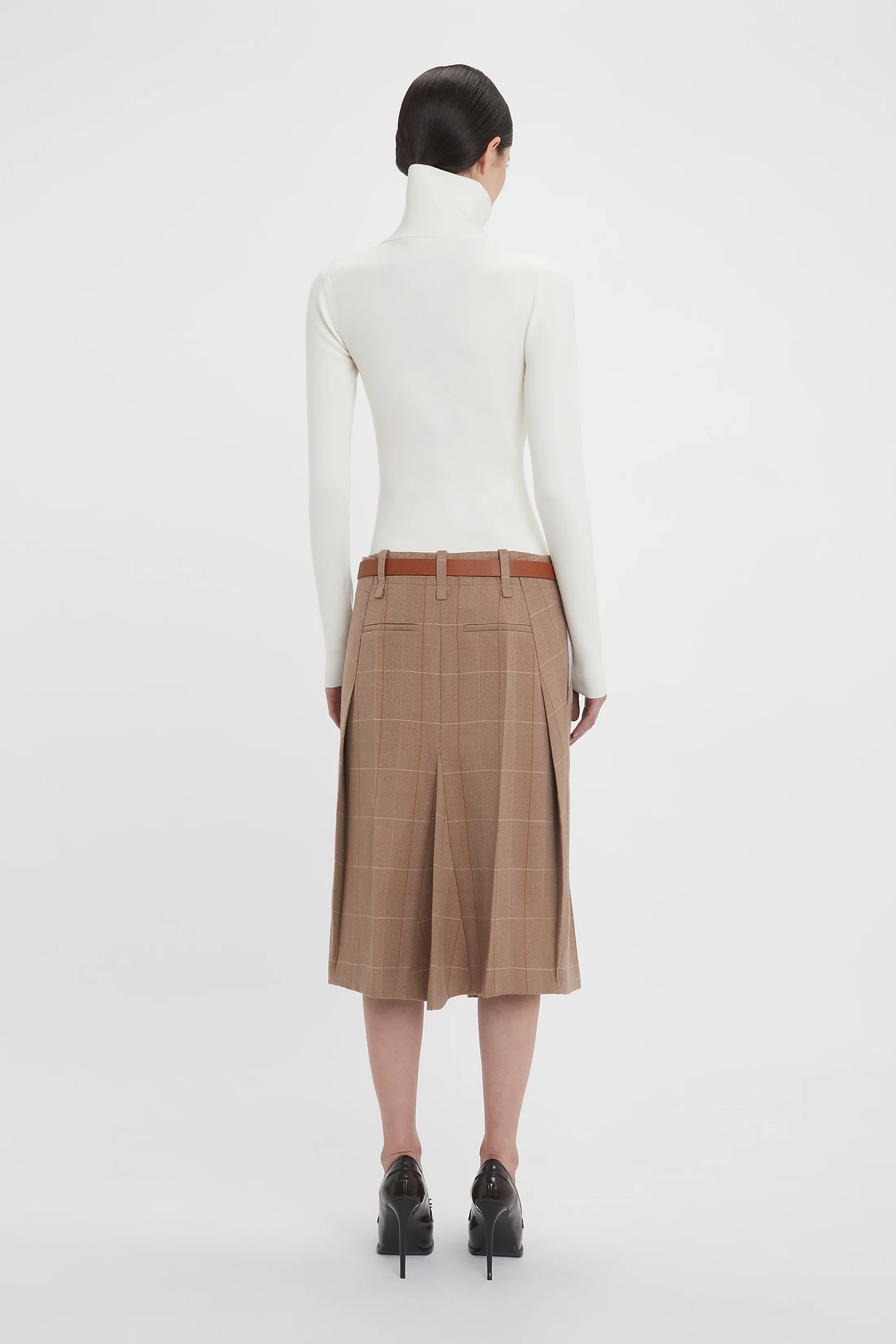 Asymmetric Tailored Skirt In Camel-Multi Check - Image 3