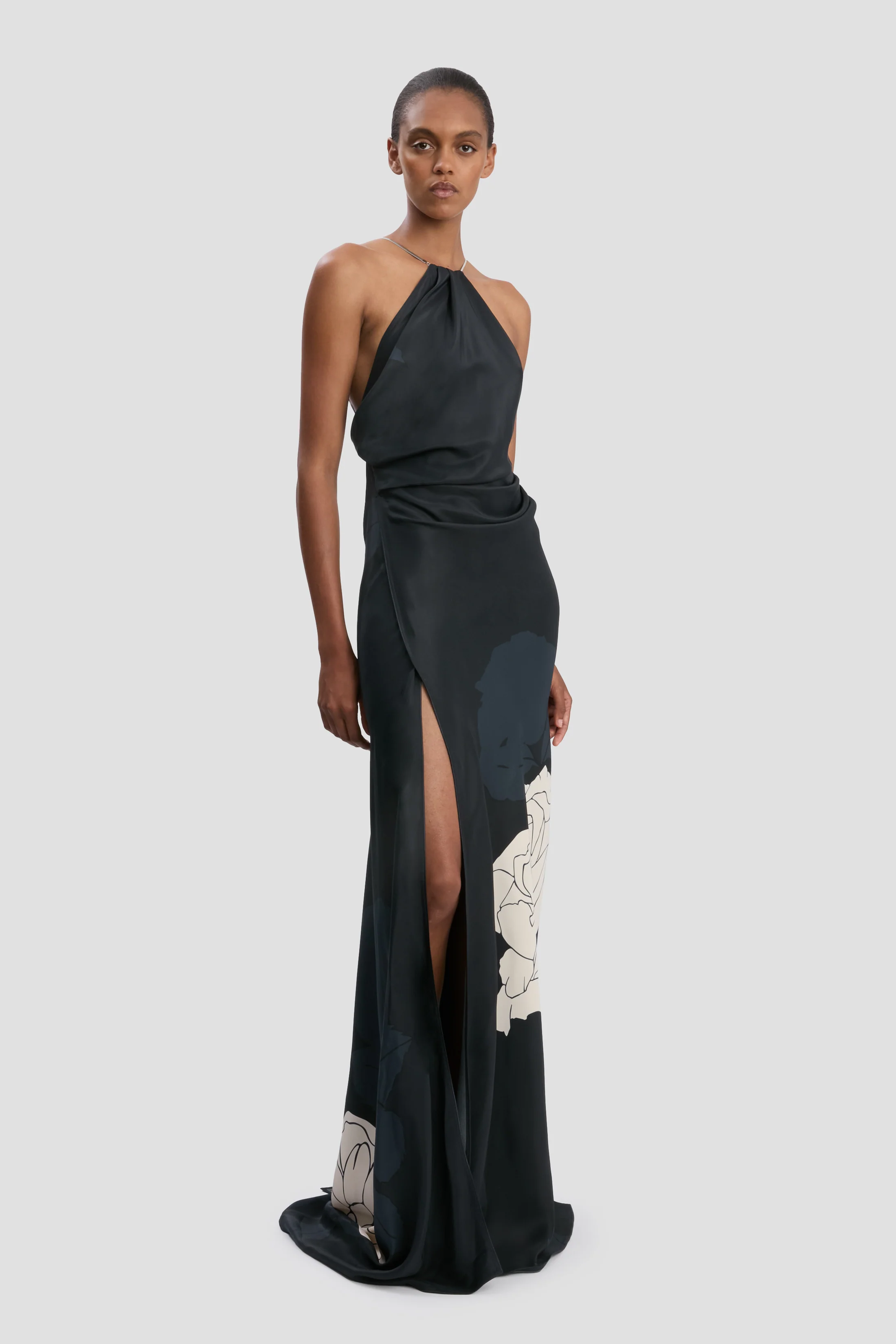 Chain Halter Gown In Dark Navy Floral Print - Image 2