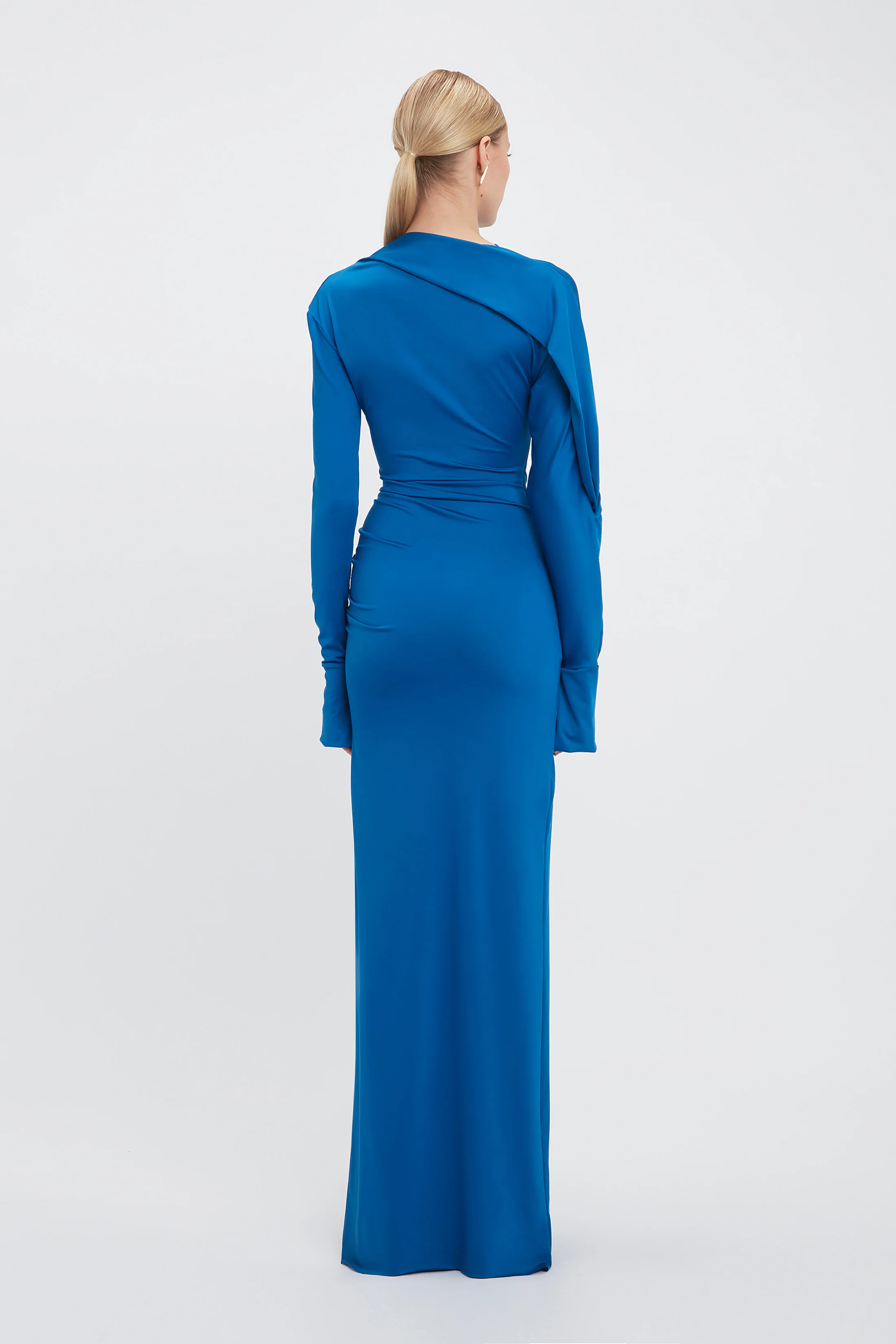 Long Sleeve Slash-Neck Jersey Floor-Length Gown In Ocean Blue - Image 3