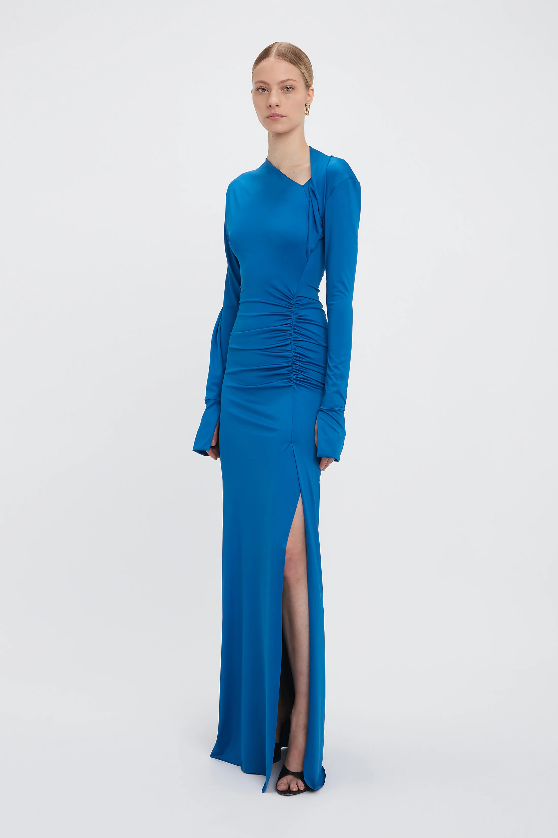 Long Sleeve Slash-Neck Jersey Floor-Length Gown In Ocean Blue - Image 5