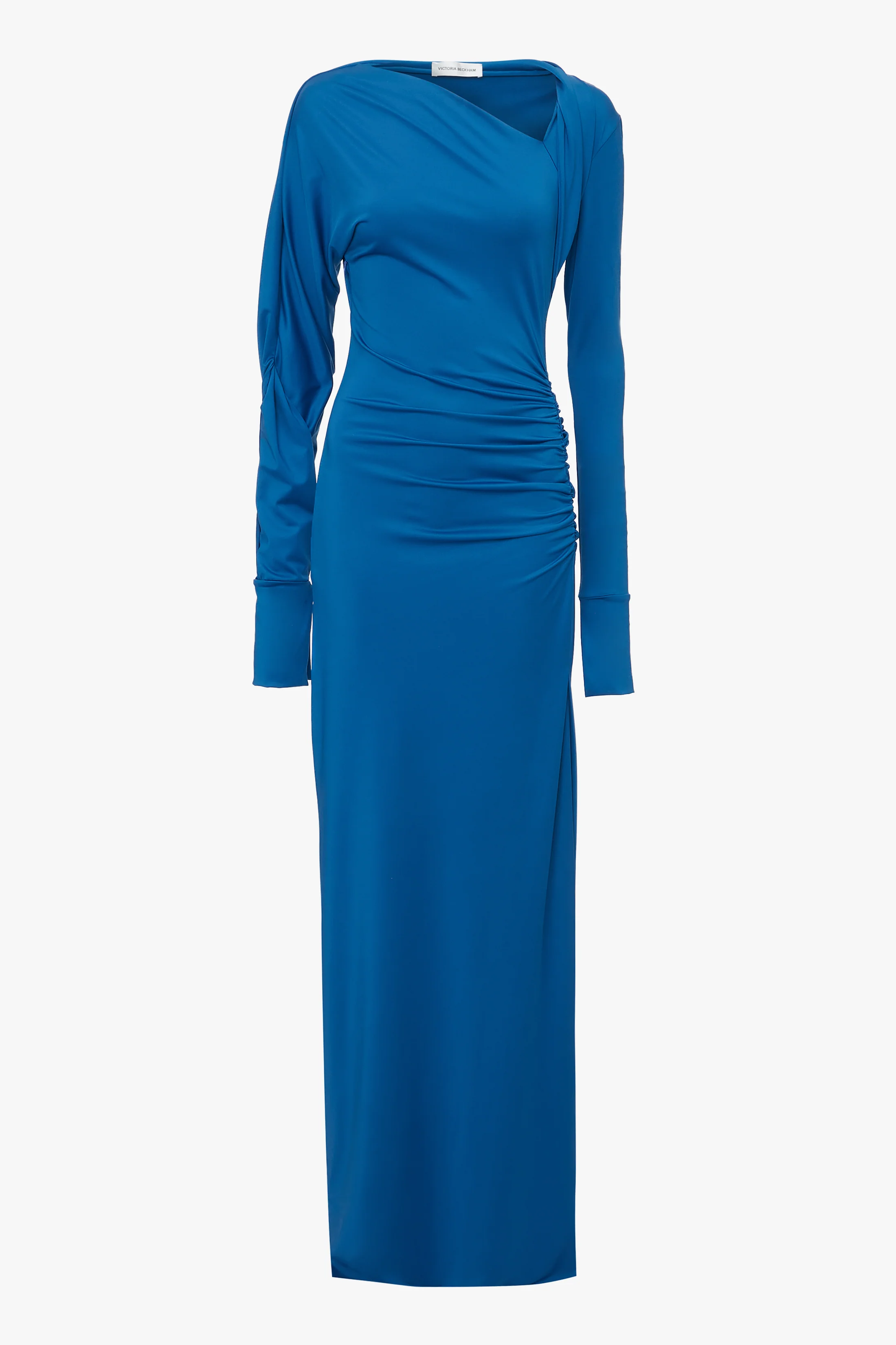 Long Sleeve Slash-Neck Jersey Floor-Length Gown In Ocean Blue - Image 6
