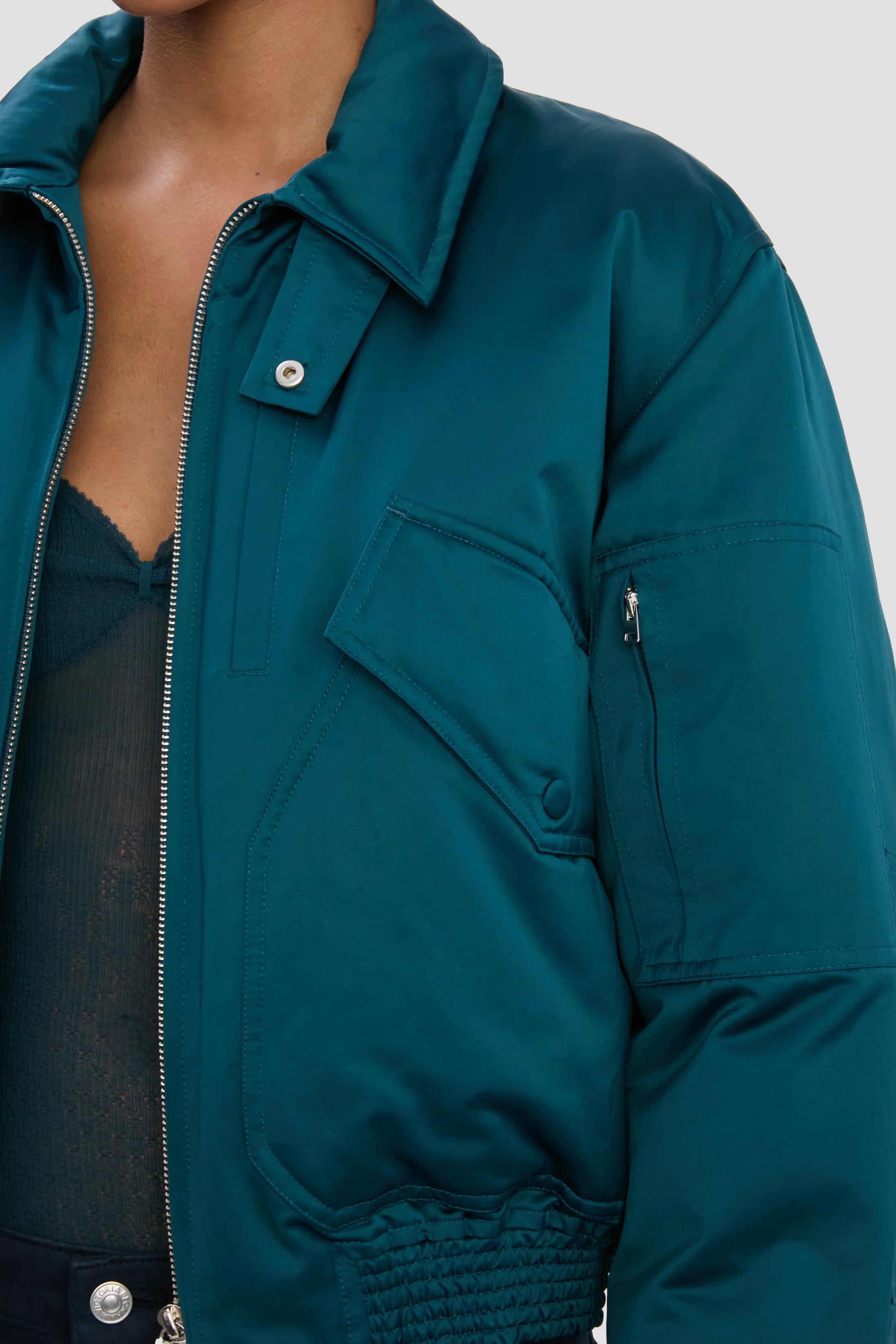 Padded Bomber Jacket In Dark Teal - Image 3
