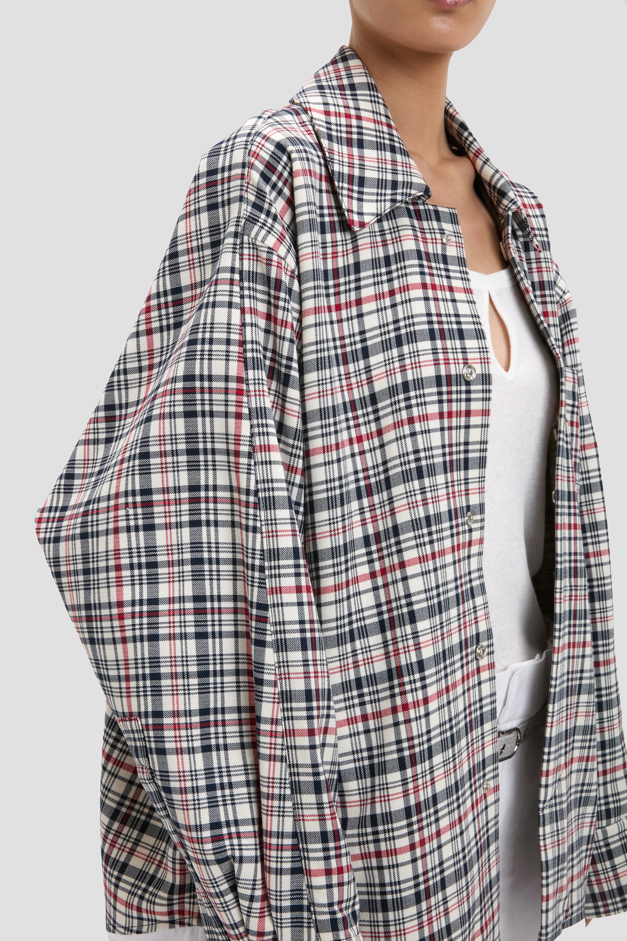 Relaxed Cocoon Shacket In Blue-Red Check - Image 3