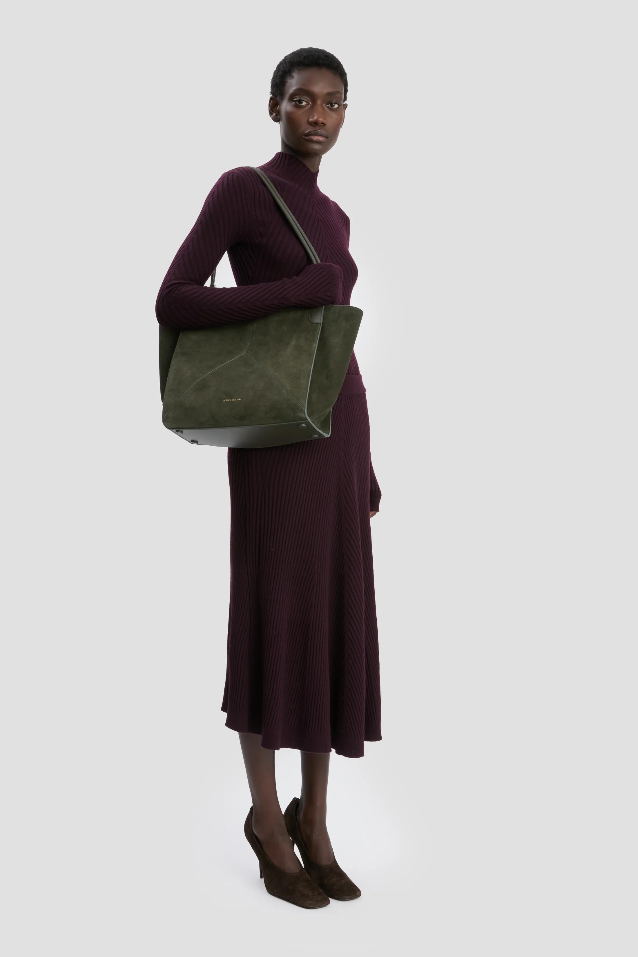Victoria Tote Bag In Dark Olive Suede - Image 3